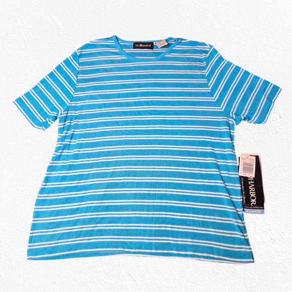 Y2K Vintage Blue White Striped Deadstock Crewneck Cut Sewn Knit T-Shirt Size XL - Picture 1 of 9